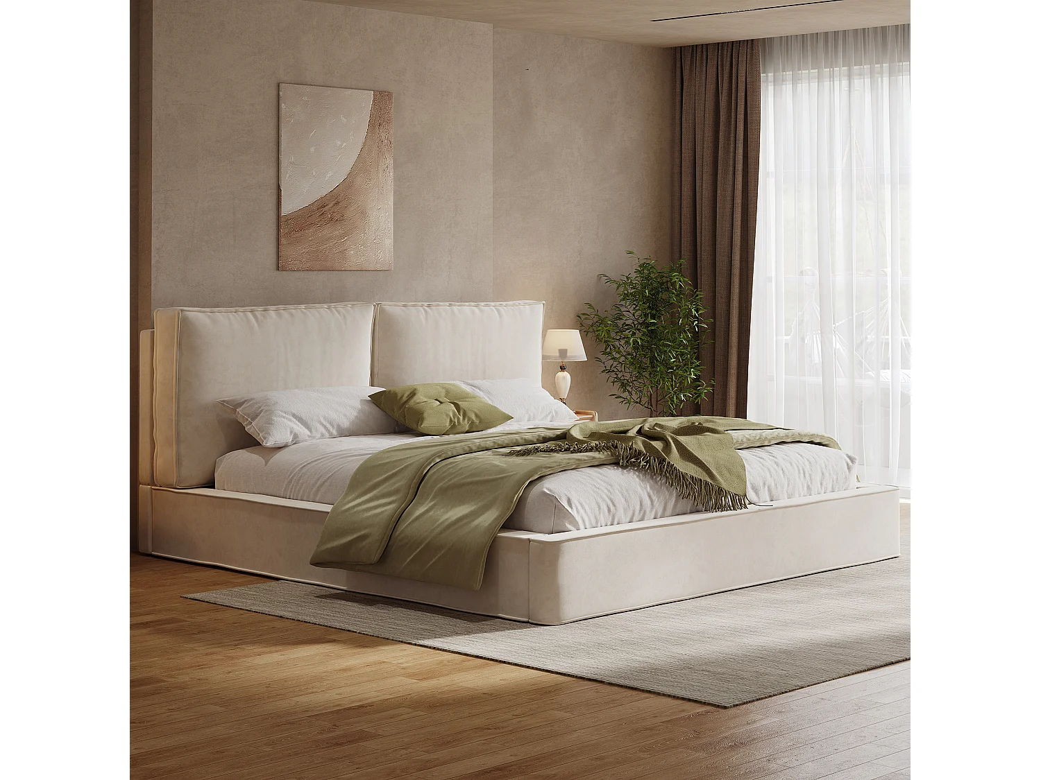Łóżko tapicerowane dwuosobowe - 160 x 200 cm - z podstawą z listew + zagłówek - szenil - beż