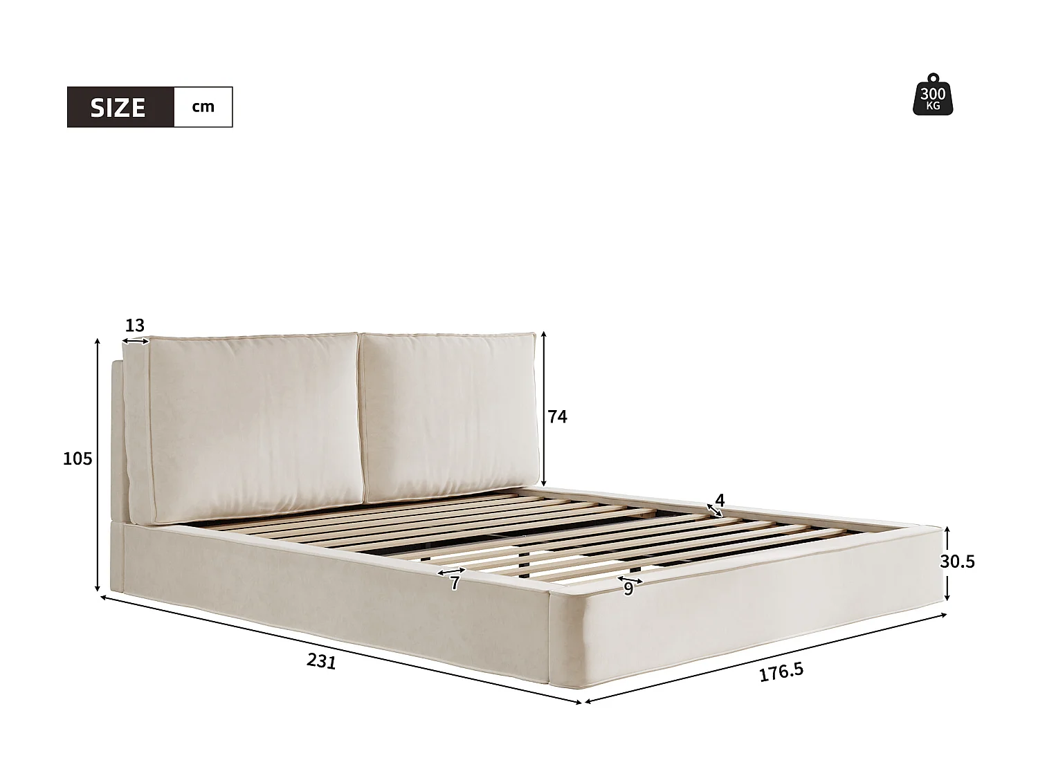 Łóżko tapicerowane dwuosobowe - 160 x 200 cm - z podstawą z listew + zagłówek - szenil - beż