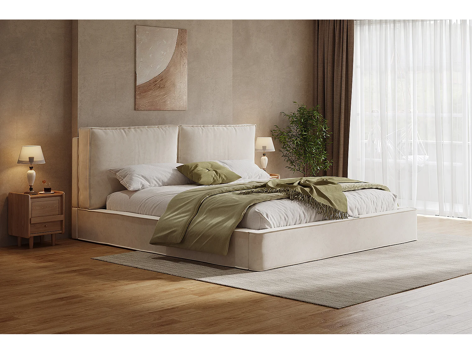 Łóżko tapicerowane dwuosobowe - 160 x 200 cm - z podstawą z listew + zagłówek - szenil - beż