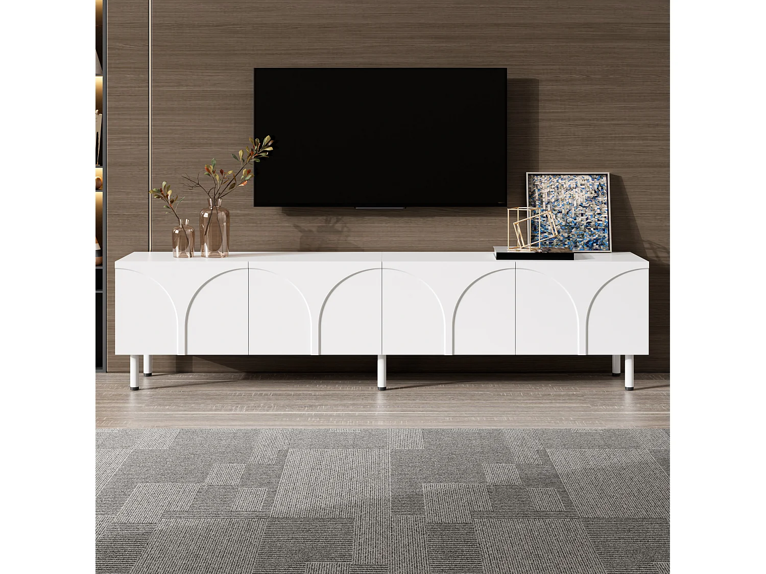 Laag tv-meubel voor de woonkamer - 180 x 35 x 49 cm - met 4 deuren - metalen poten - MDF + spaanplaat - wit