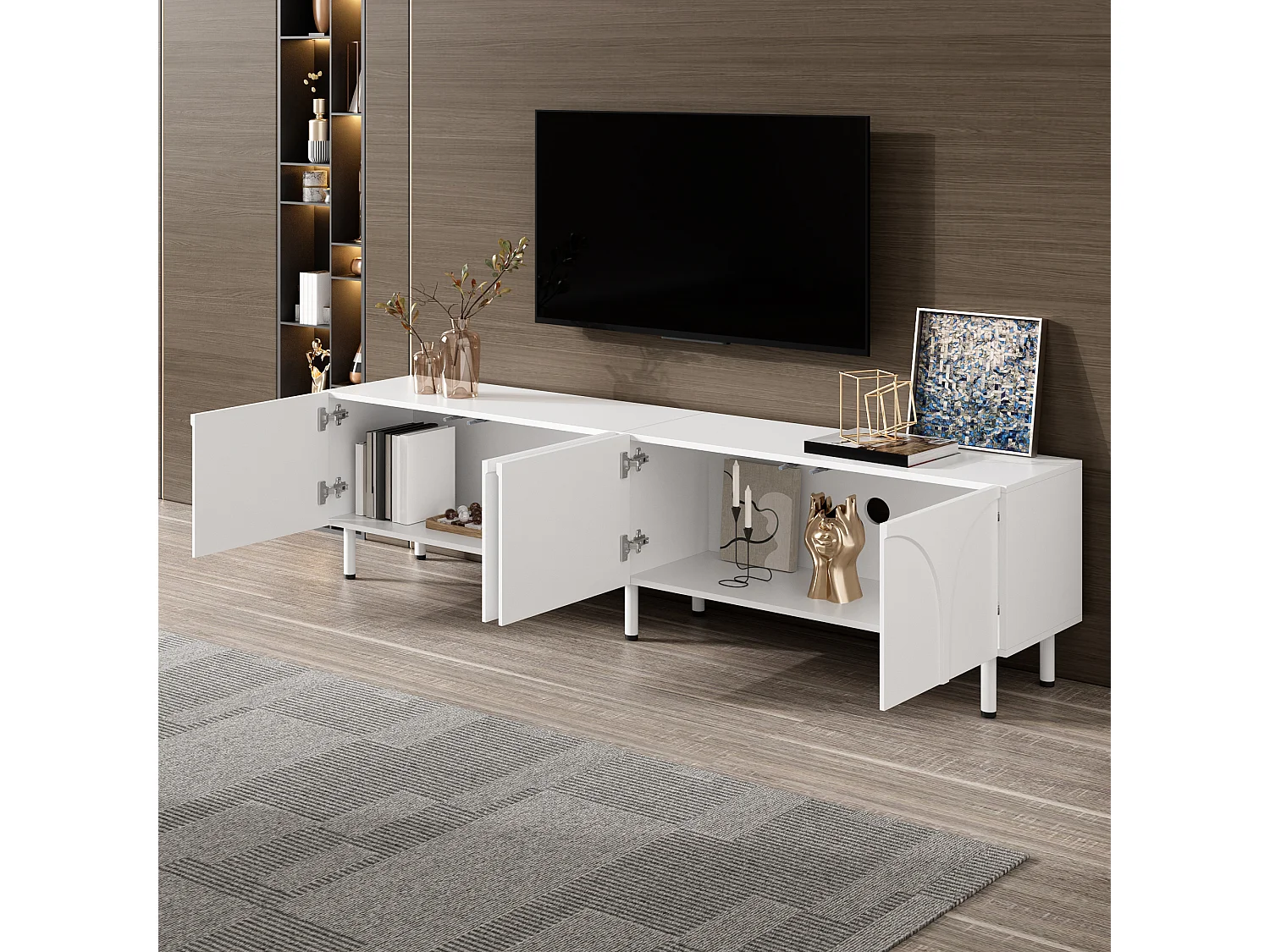 Laag tv-meubel voor de woonkamer - 180 x 35 x 49 cm - met 4 deuren - metalen poten - MDF + spaanplaat - wit