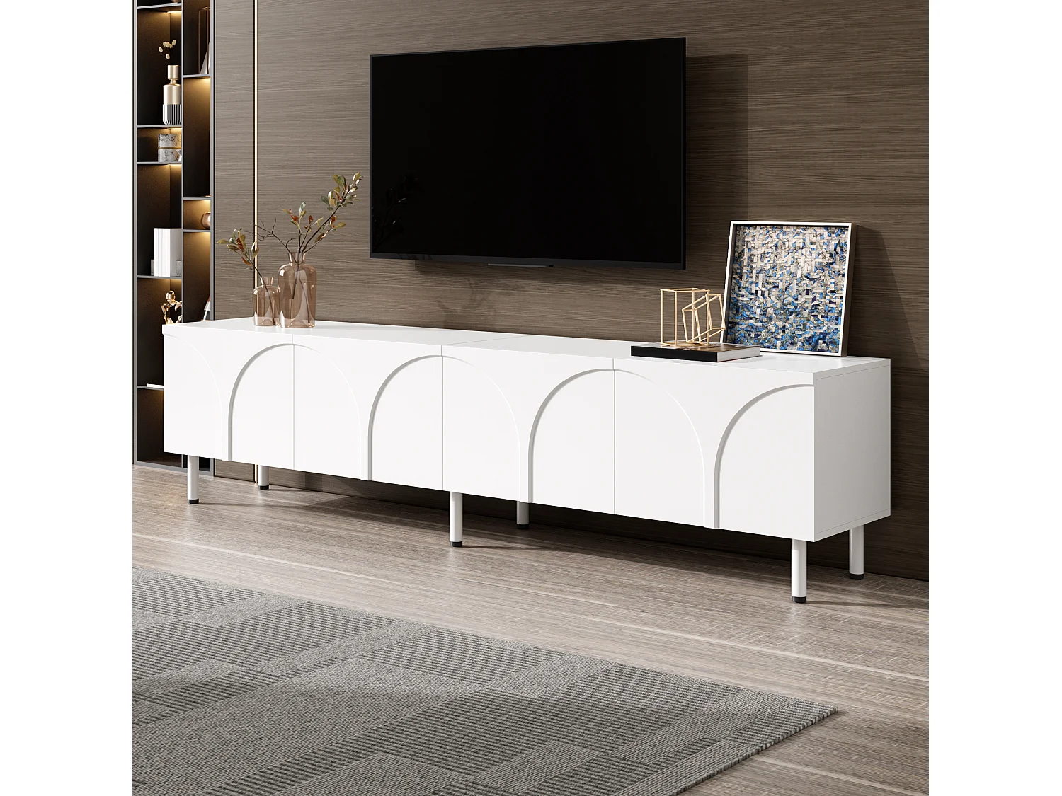 Laag tv-meubel voor de woonkamer - 180 x 35 x 49 cm - met 4 deuren - metalen poten - MDF + spaanplaat - wit