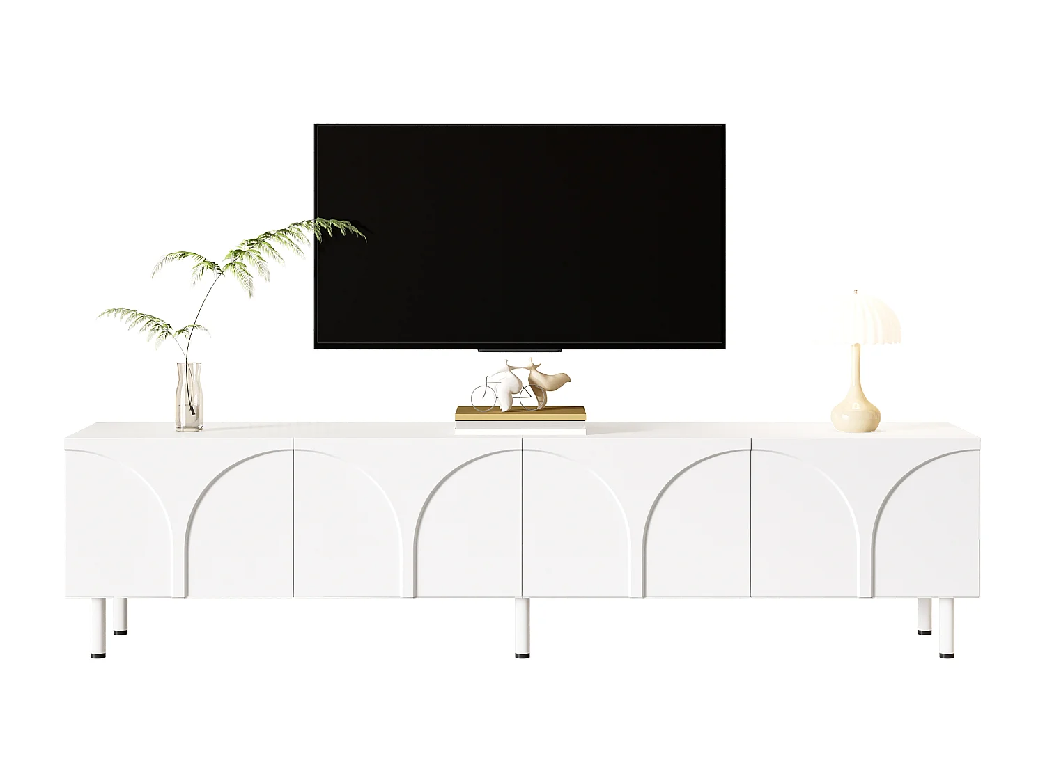 Laag tv-meubel voor de woonkamer - 180 x 35 x 49 cm - met 4 deuren - metalen poten - MDF + spaanplaat - wit