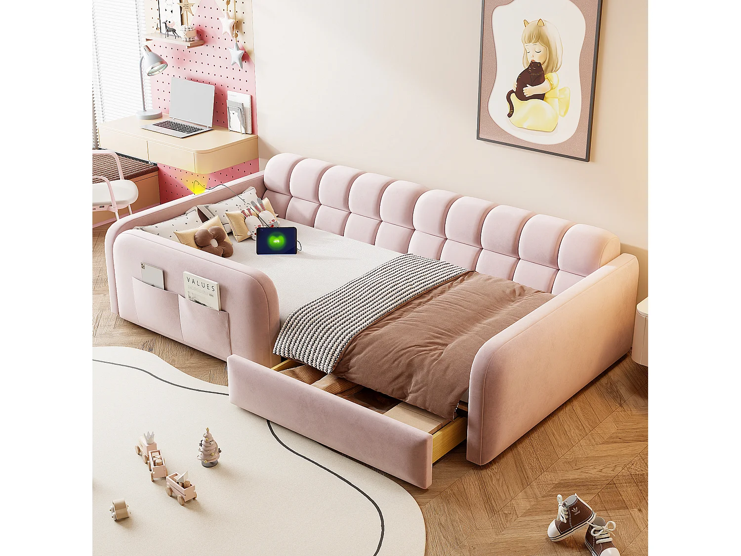Lit enfant capitonné - 90 x 200 cm - avec tiroir + veilleuse + port de chargement - velours - rose
