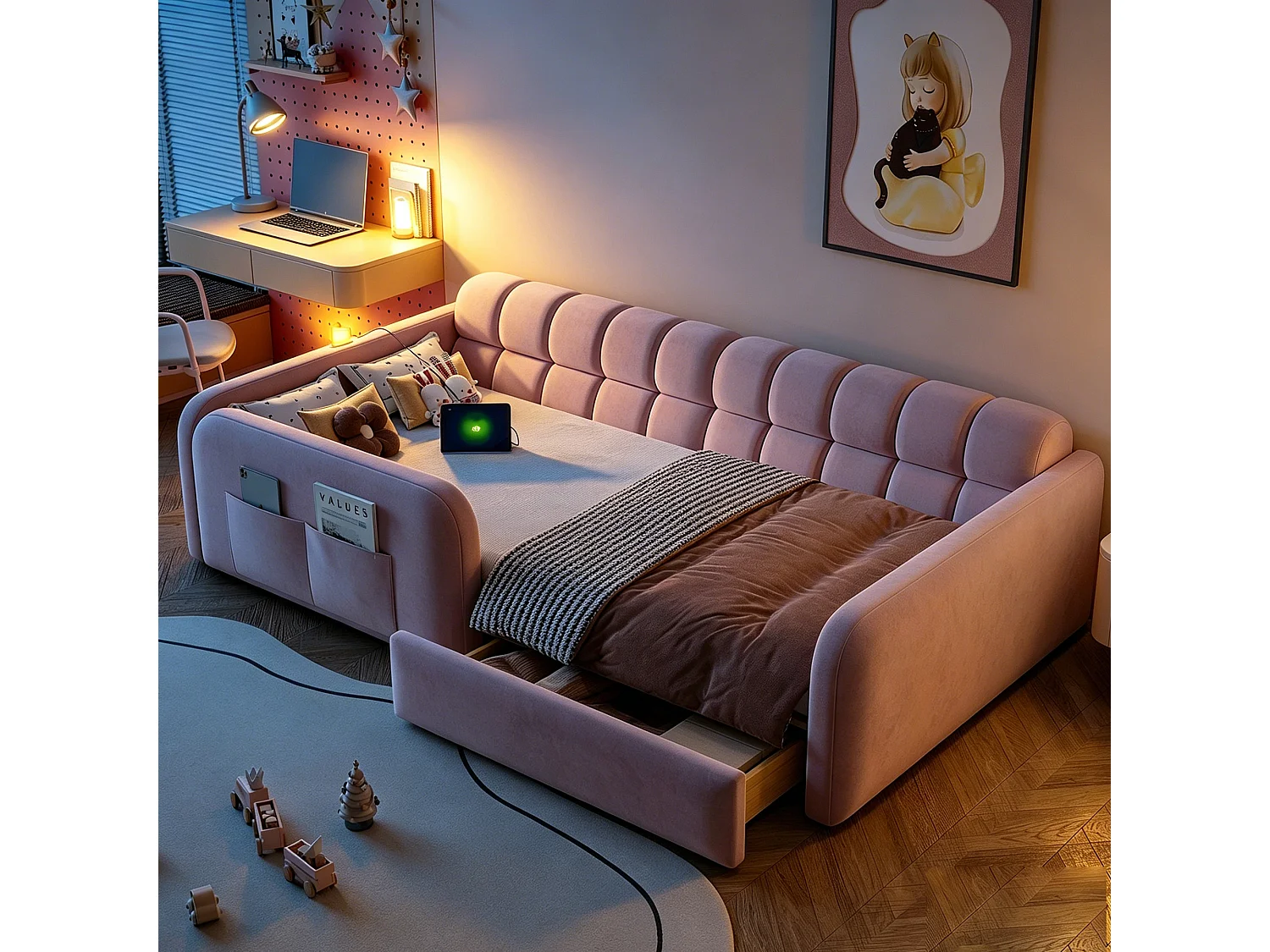 Lit enfant capitonné - 90 x 200 cm - avec tiroir + veilleuse + port de chargement - velours - rose