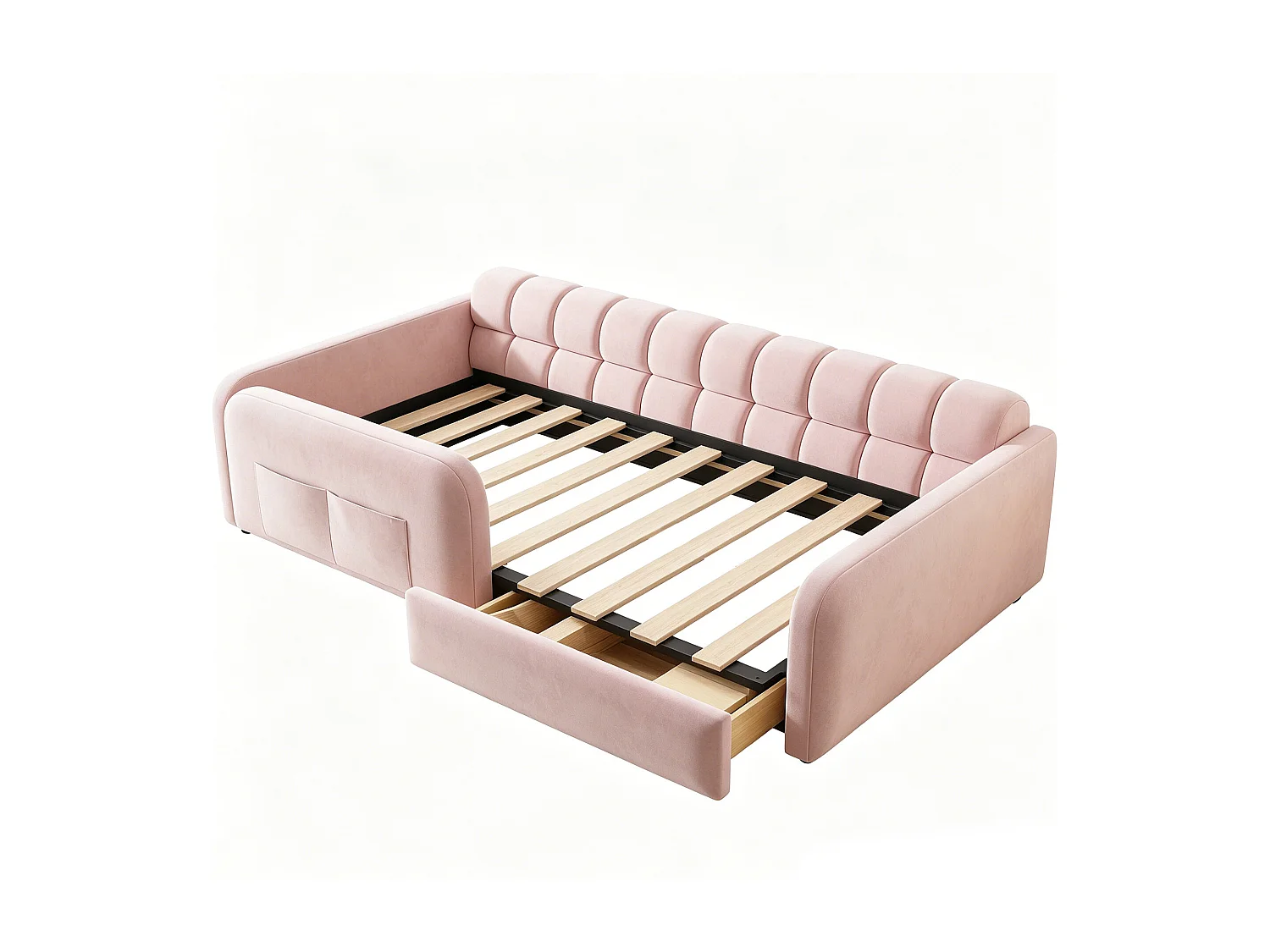 Lit enfant capitonné - 90 x 200 cm - avec tiroir + veilleuse + port de chargement - velours - rose