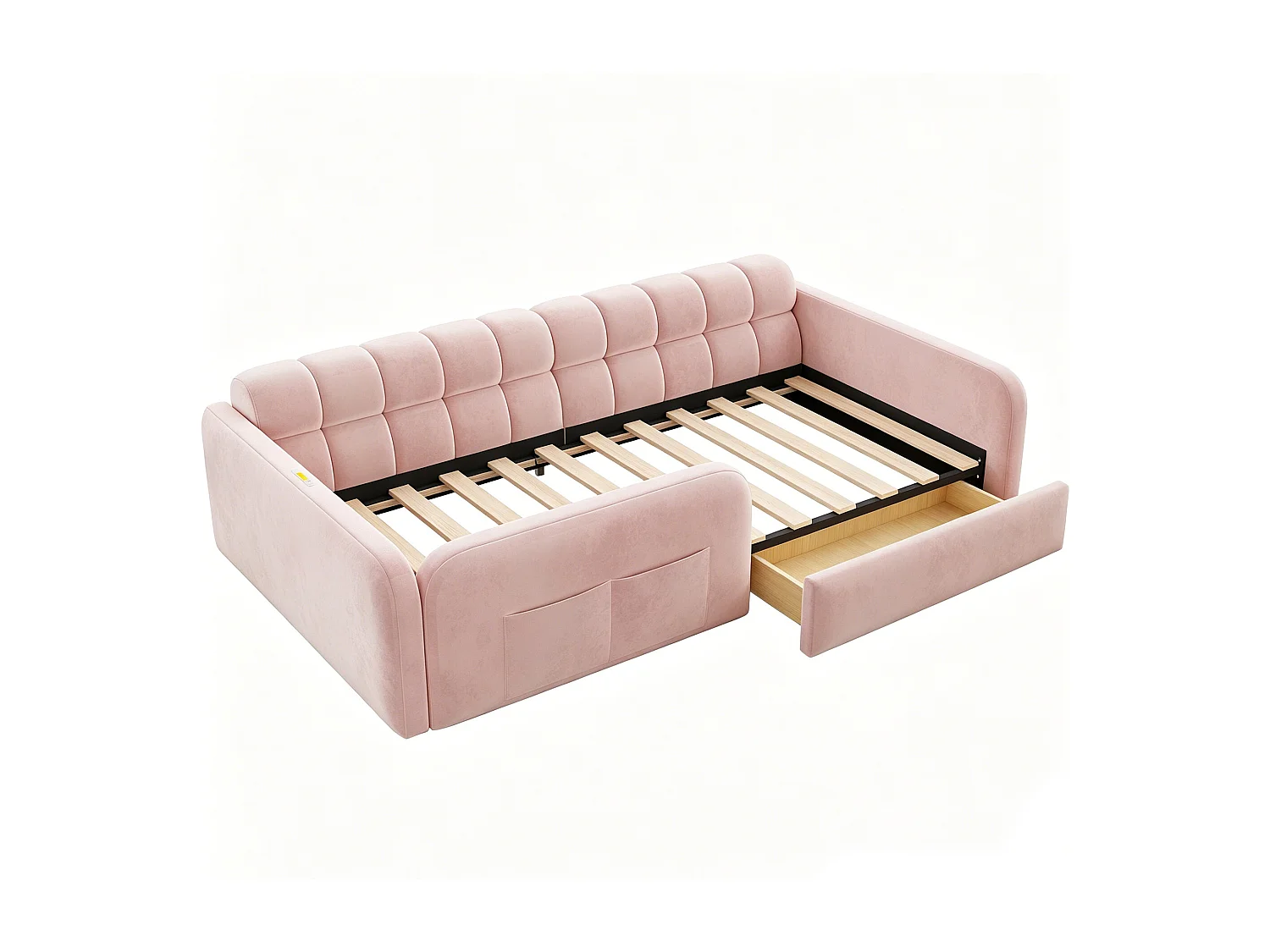 Lit enfant capitonné - 90 x 200 cm - avec tiroir + veilleuse + port de chargement - velours - rose