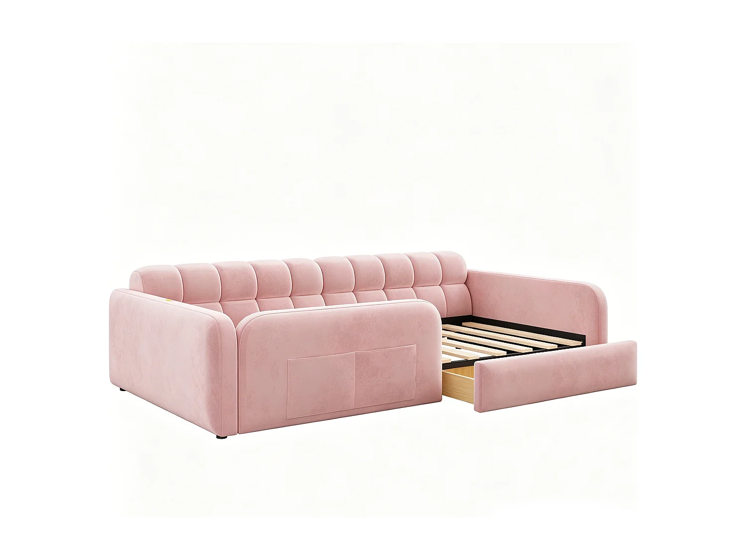 Lit enfant capitonné - 90 x 200 cm - avec tiroir + veilleuse + port de chargement - velours - rose