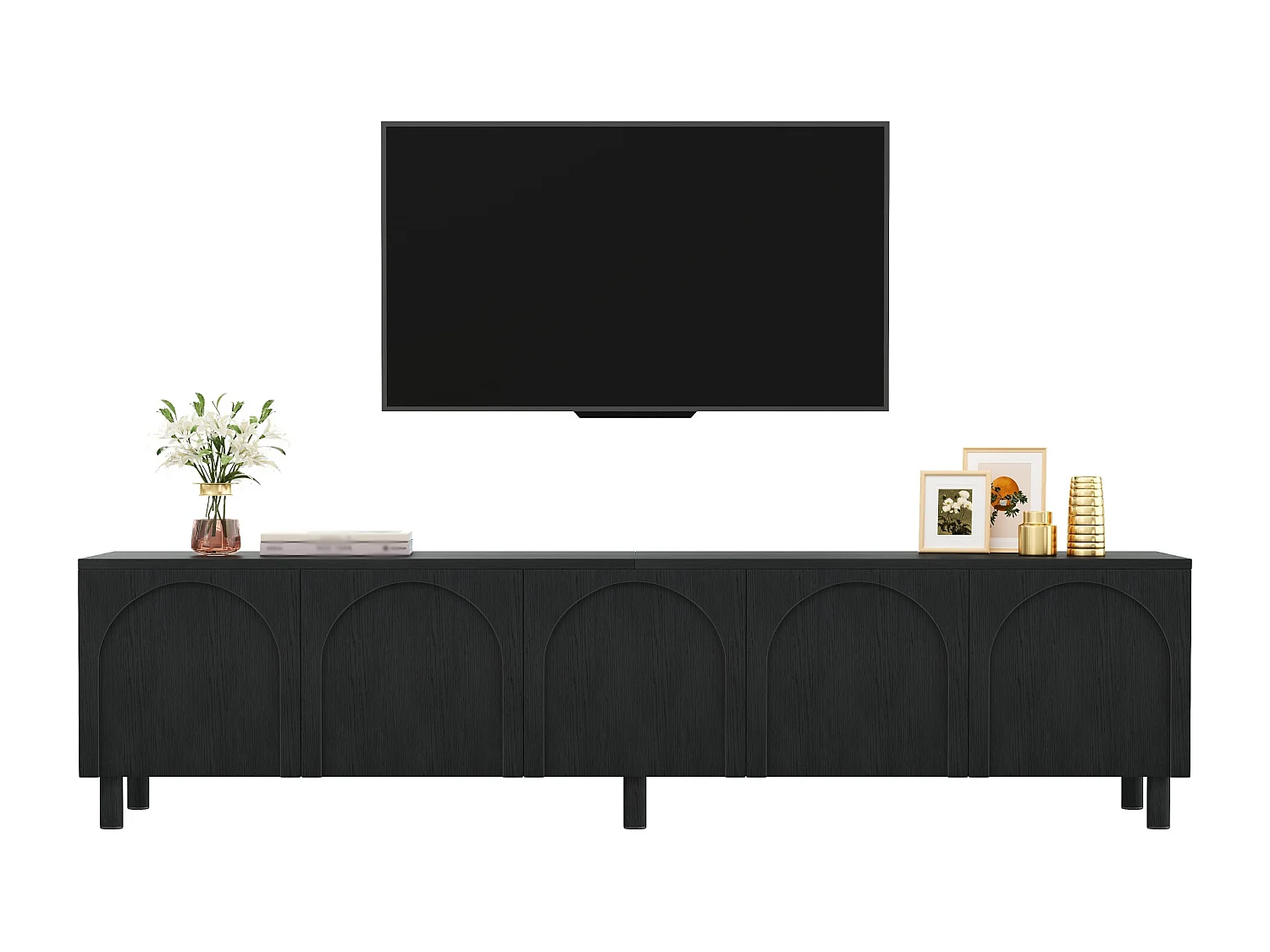 Laag tv-meubel voor de woonkamer - 180 x 38 x 45 cm - met 5 deuren - metalen poten - MDF - zwart