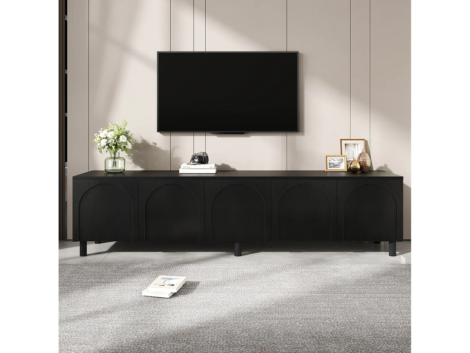 Laag tv-meubel voor de woonkamer - 180 x 38 x 45 cm - met 5 deuren - metalen poten - MDF - zwart