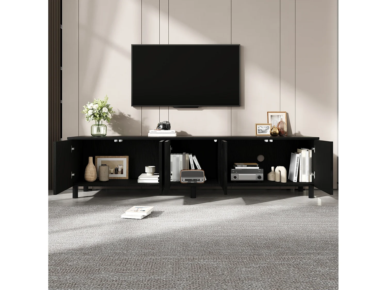 Laag tv-meubel voor de woonkamer - 180 x 38 x 45 cm - met 5 deuren - metalen poten - MDF - zwart