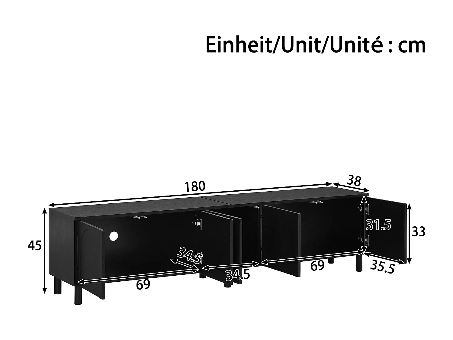 Laag tv-meubel voor de woonkamer - 180 x 38 x 45 cm - met 5 deuren - metalen poten - MDF - zwart