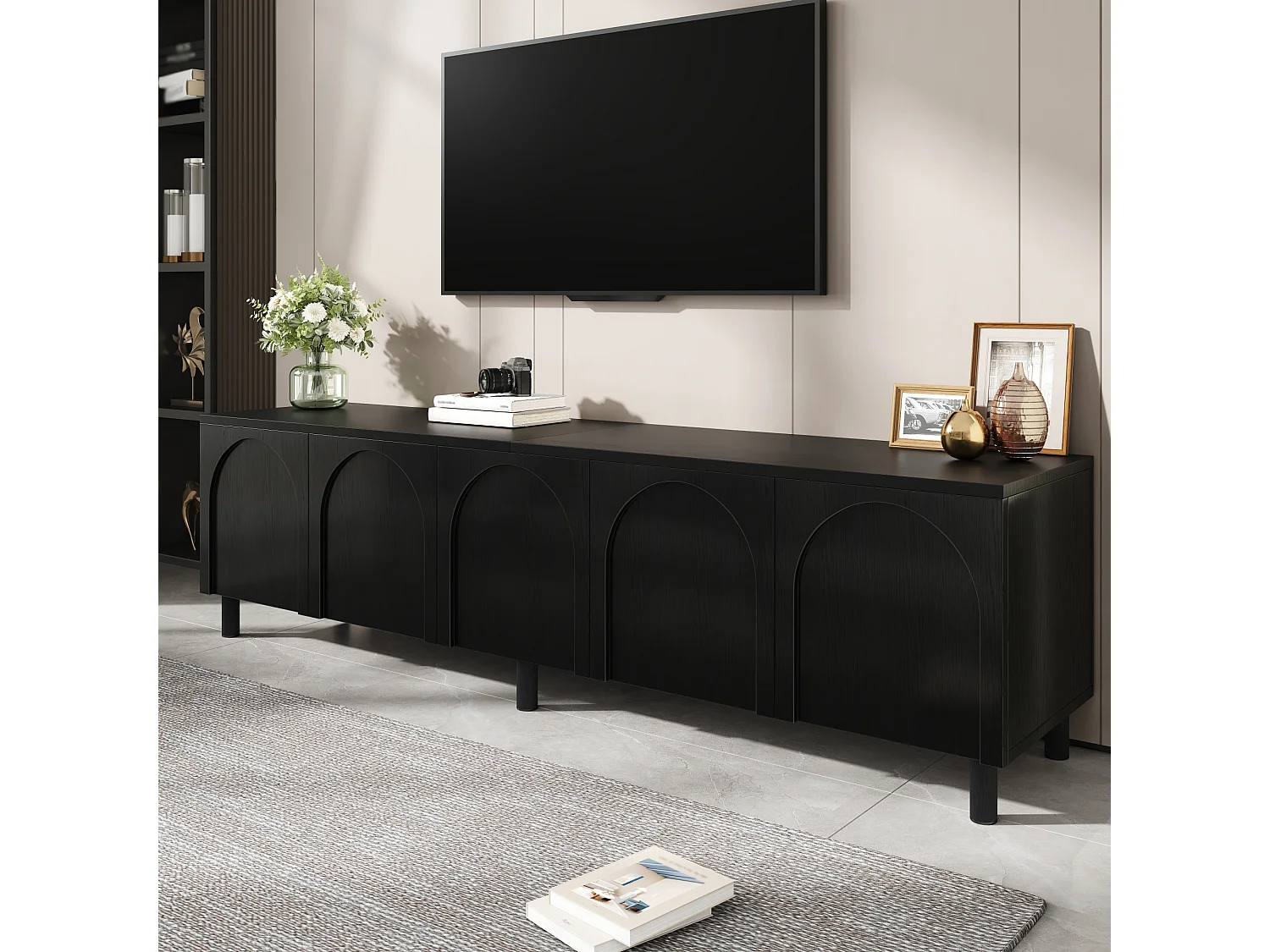 Laag tv-meubel voor de woonkamer - 180 x 38 x 45 cm - met 5 deuren - metalen poten - MDF - zwart