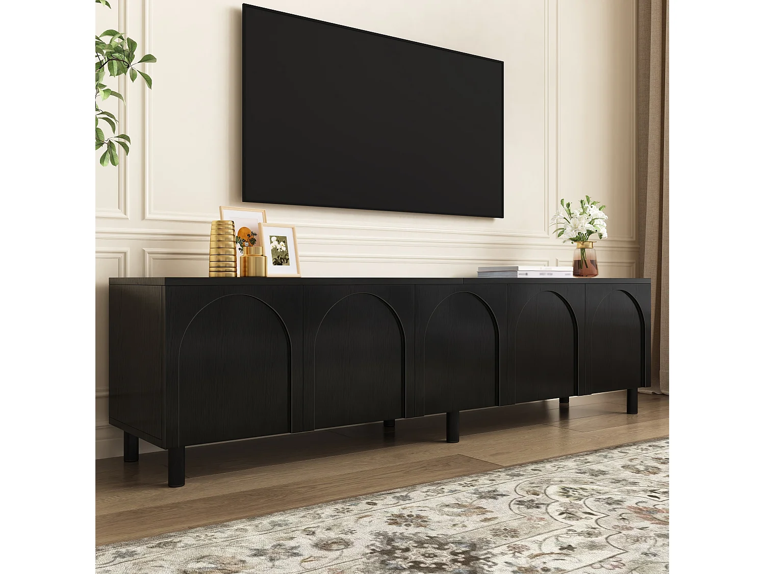 Laag tv-meubel voor de woonkamer - 180 x 38 x 45 cm - met 5 deuren - metalen poten - MDF - zwart