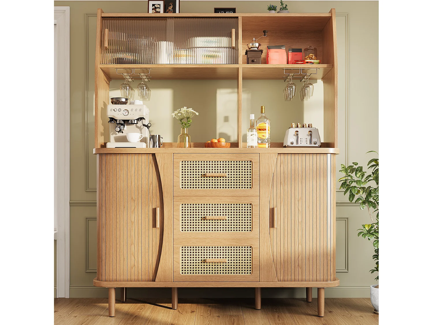 Buffet haut de cuisine aspect rotin - 140 x 40.5 x 174.5 cm - avec portes + étagères + tiroirs - MDF + métal - naturel