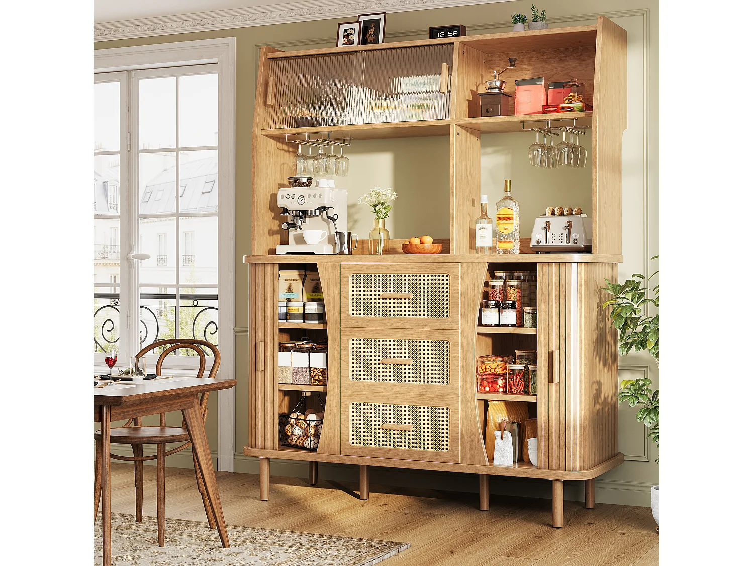 Buffet haut de cuisine aspect rotin - 140 x 40.5 x 174.5 cm - avec portes + étagères + tiroirs - MDF + métal - naturel
