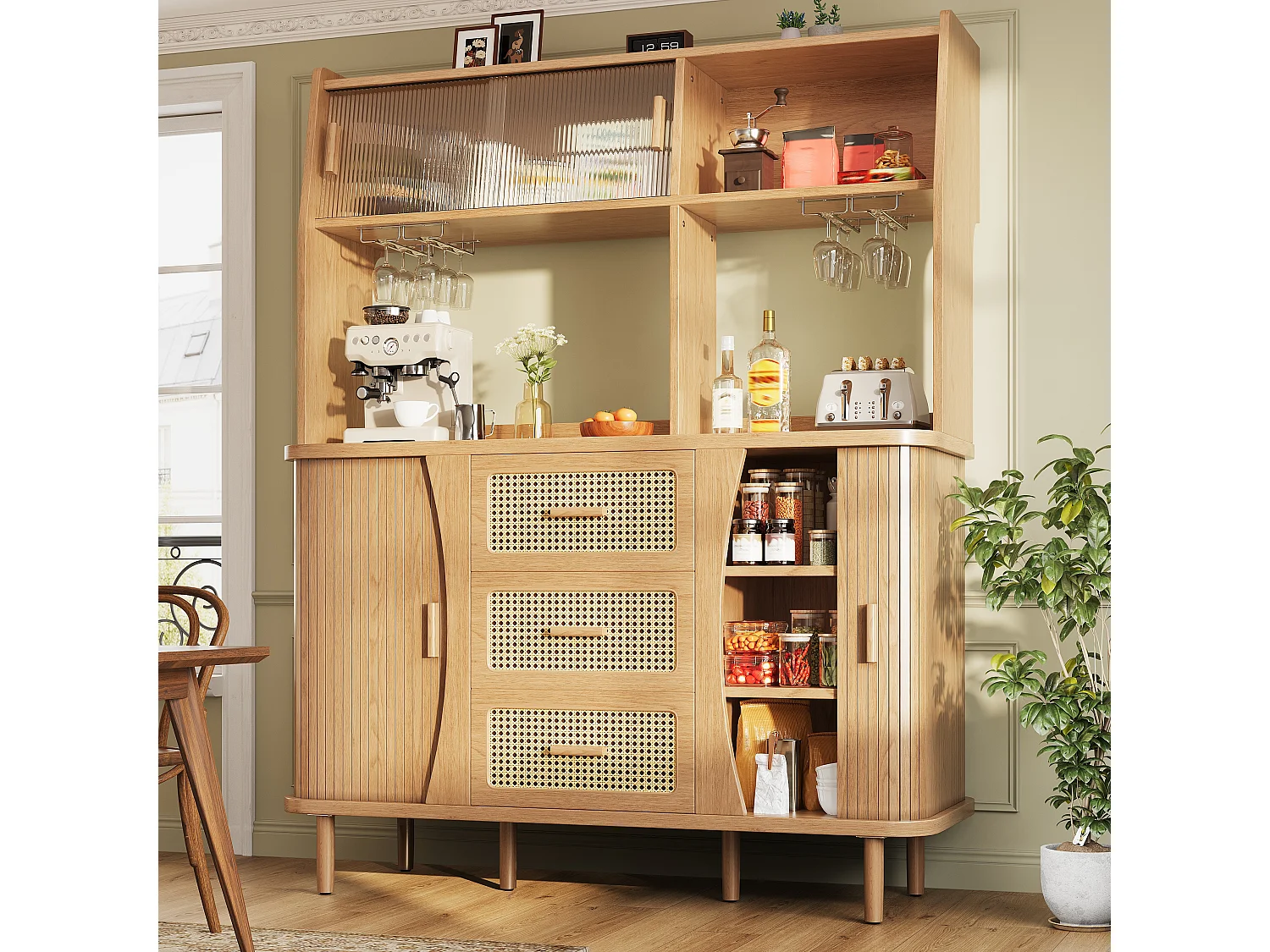 Buffet haut de cuisine aspect rotin - 140 x 40.5 x 174.5 cm - avec portes + étagères + tiroirs - MDF + métal - naturel
