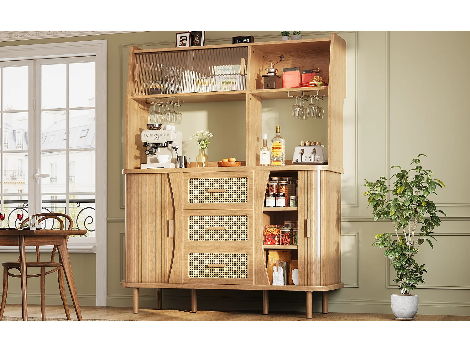 Buffet haut de cuisine aspect rotin - 140 x 40.5 x 174.5 cm - avec portes + étagères + tiroirs - MDF + métal - naturel