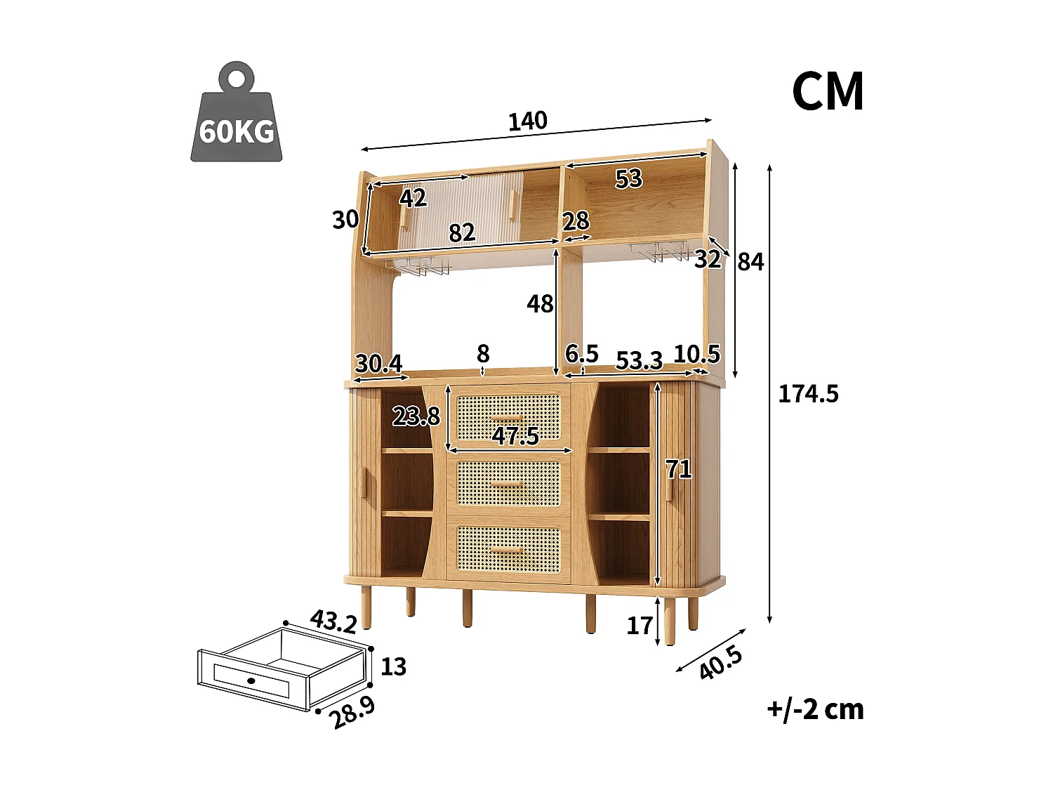 Buffet haut de cuisine aspect rotin - 140 x 40.5 x 174.5 cm - avec portes + étagères + tiroirs - MDF + métal - naturel