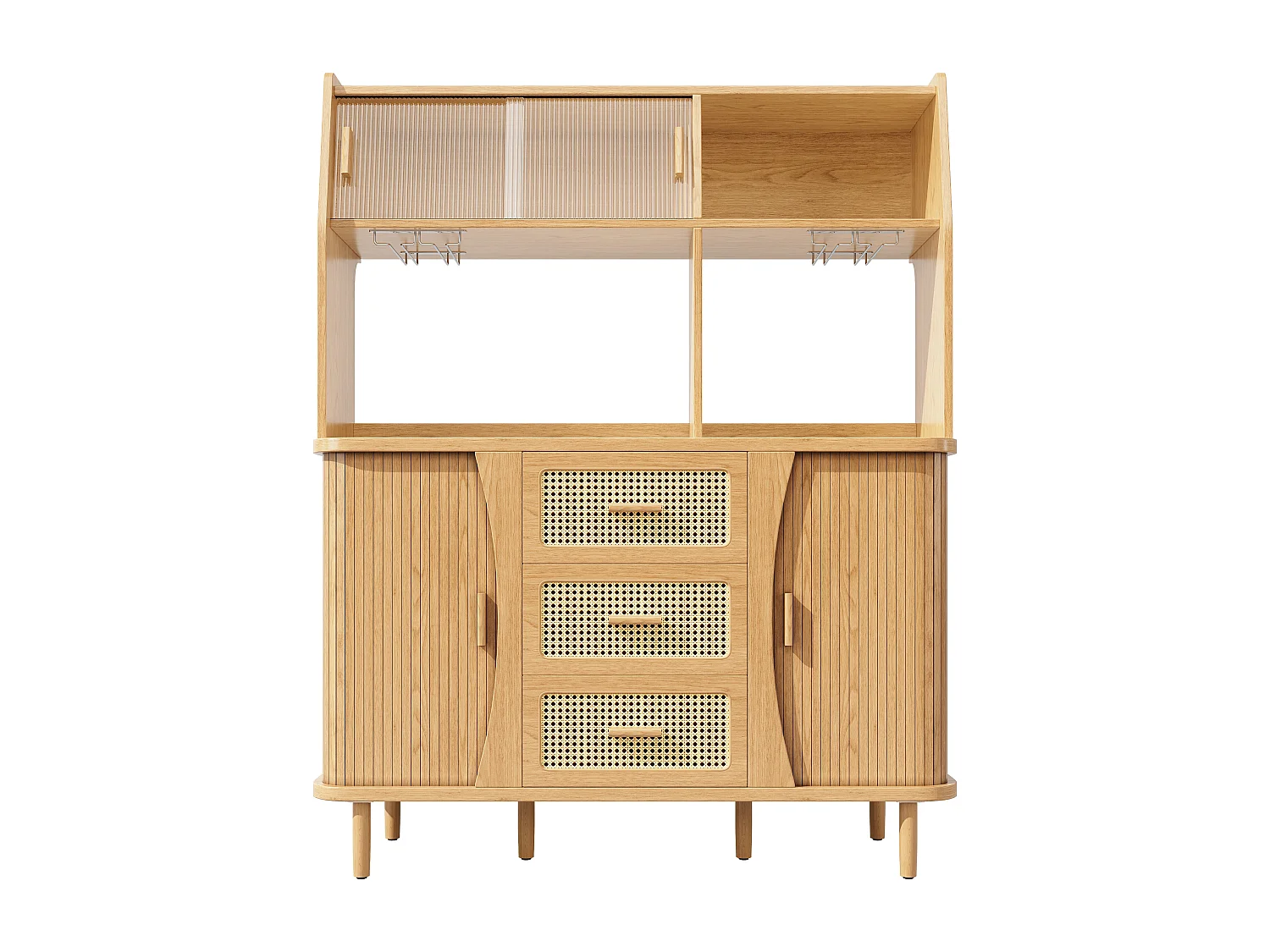 Buffet haut de cuisine aspect rotin - 140 x 40.5 x 174.5 cm - avec portes + étagères + tiroirs - MDF + métal - naturel