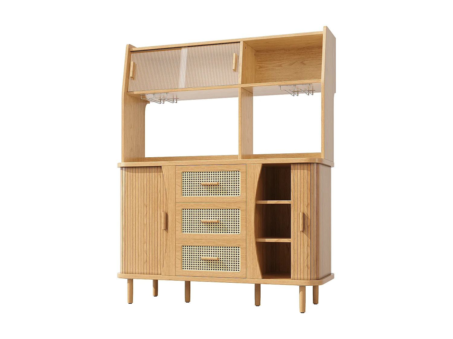 Buffet haut de cuisine aspect rotin - 140 x 40.5 x 174.5 cm - avec portes + étagères + tiroirs - MDF + métal - naturel