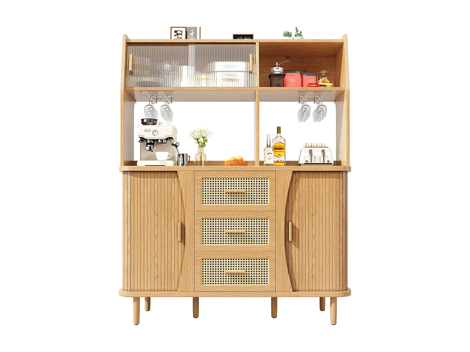 Buffet haut de cuisine aspect rotin - 140 x 40.5 x 174.5 cm - avec portes + étagères + tiroirs - MDF + métal - naturel