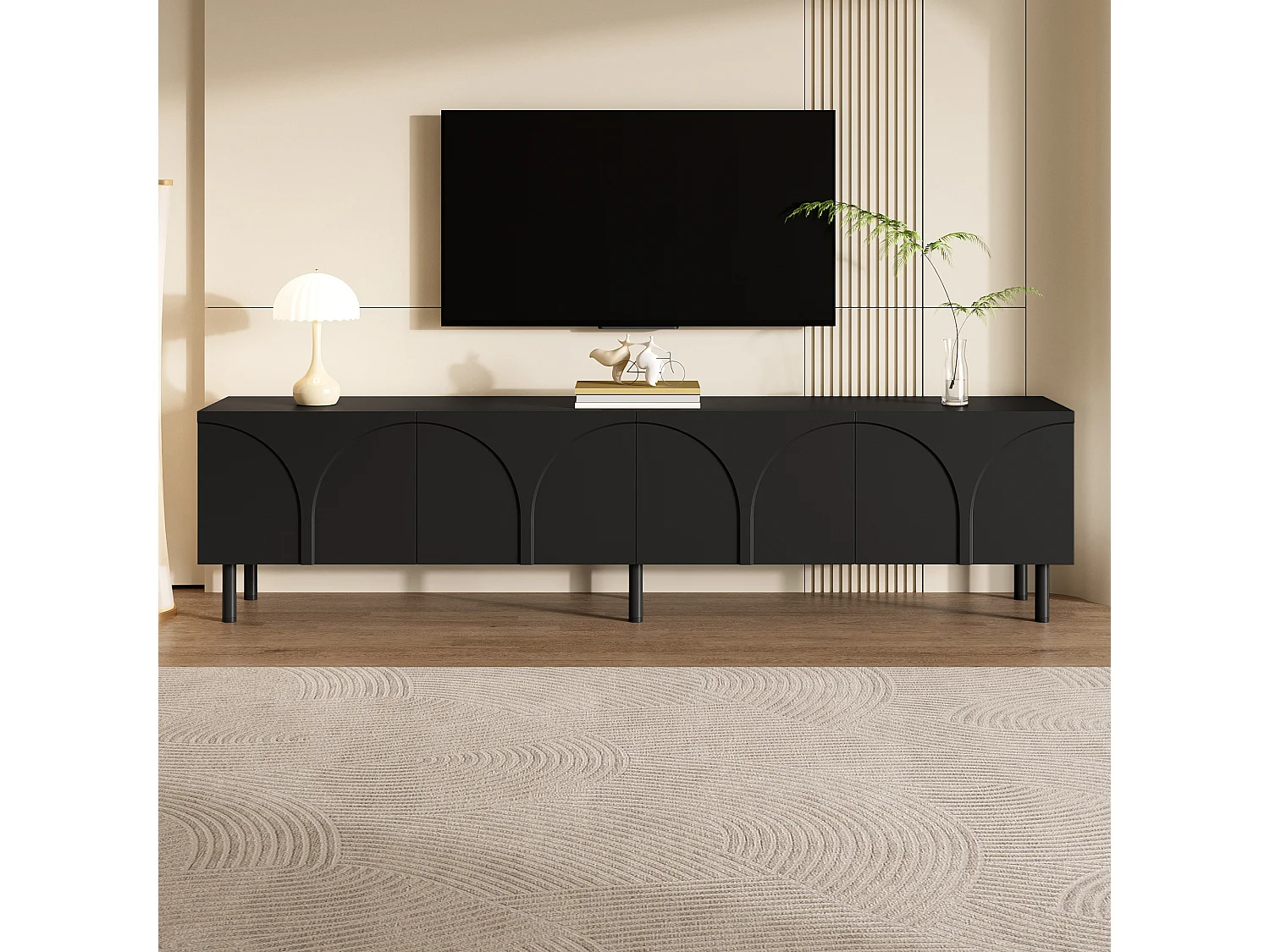 Meuble TV bas de salon - 180 x 35 x 49 cm - avec 4 portes - pieds en métal - MDF + aggloméré - noir