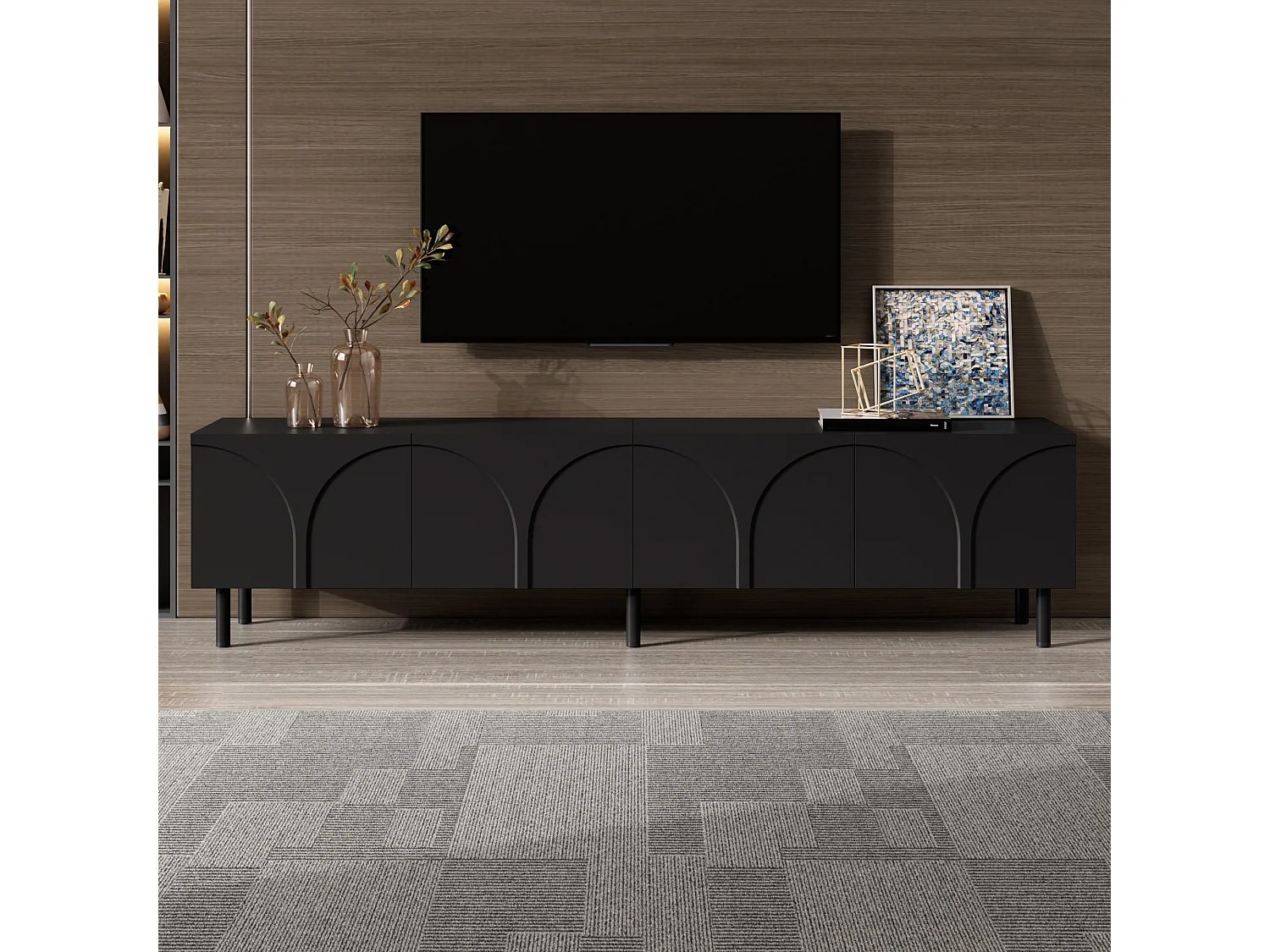 Meuble TV bas de salon - 180 x 35 x 49 cm - avec 4 portes - pieds en métal - MDF + aggloméré - noir