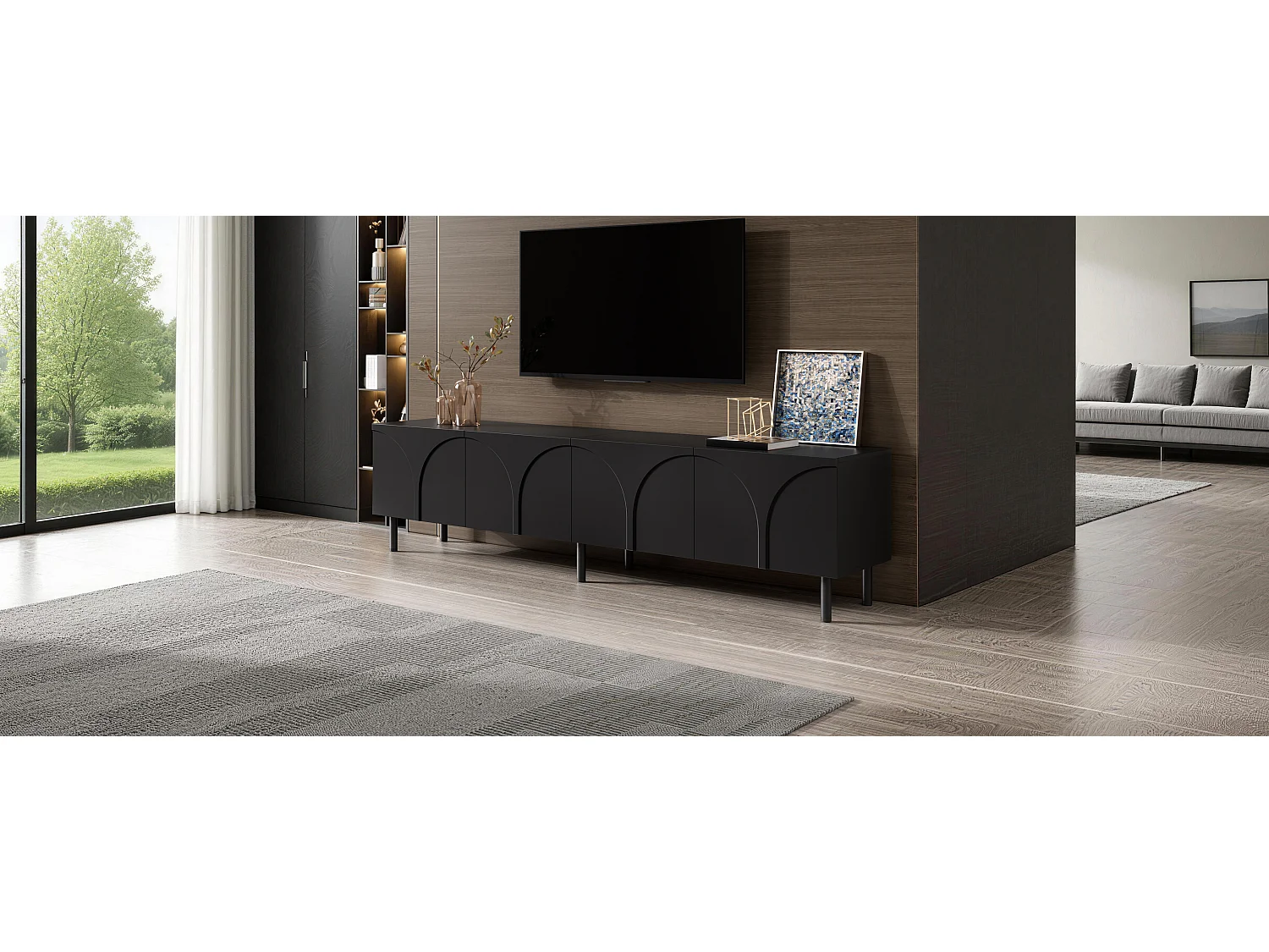 Meuble TV bas de salon - 180 x 35 x 49 cm - avec 4 portes - pieds en métal - MDF + aggloméré - noir