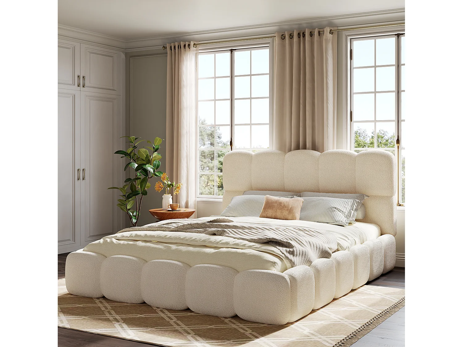 Gepolstertes Doppelbett – 160 x 200 cm – mit Lattenrost und Kopfteil – Schlaufenform – weiß