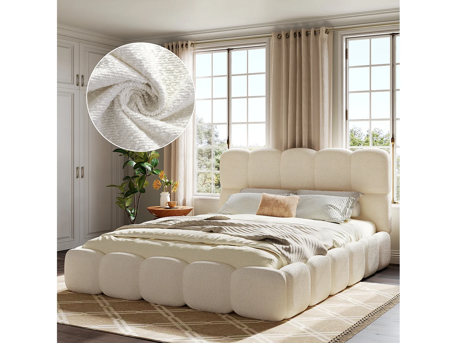 Gepolstertes Doppelbett – 160 x 200 cm – mit Lattenrost und Kopfteil – Schlaufenform – weiß