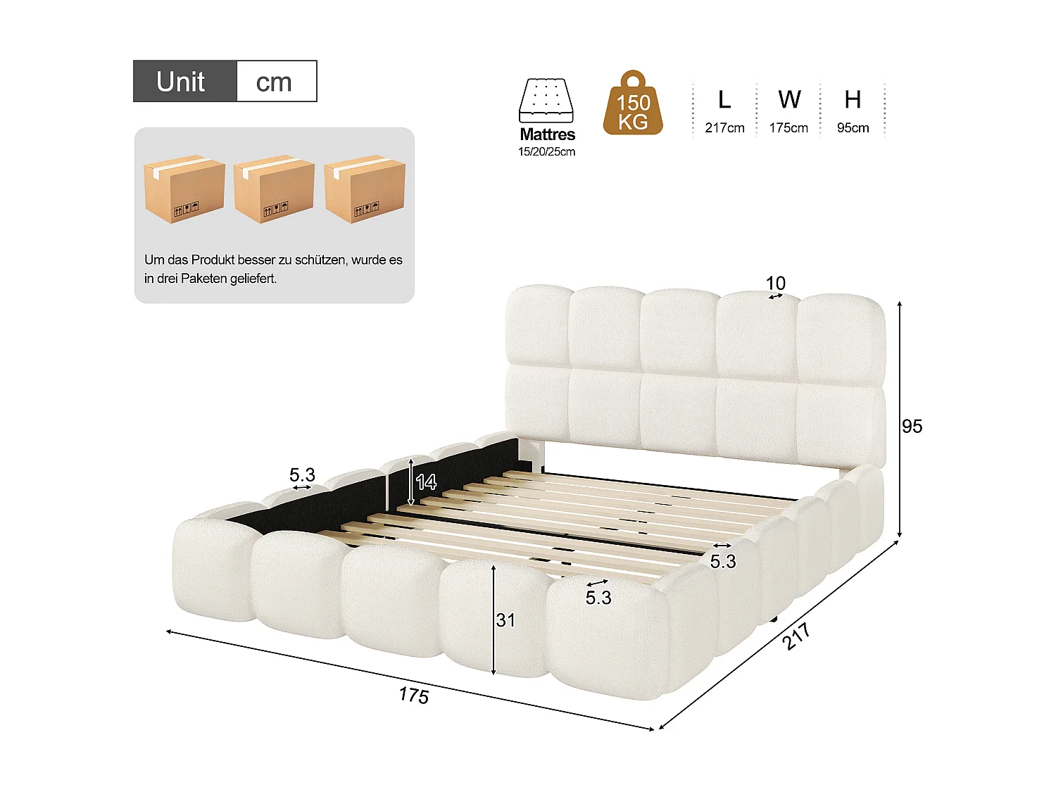 Gepolstertes Doppelbett – 160 x 200 cm – mit Lattenrost und Kopfteil – Schlaufenform – weiß