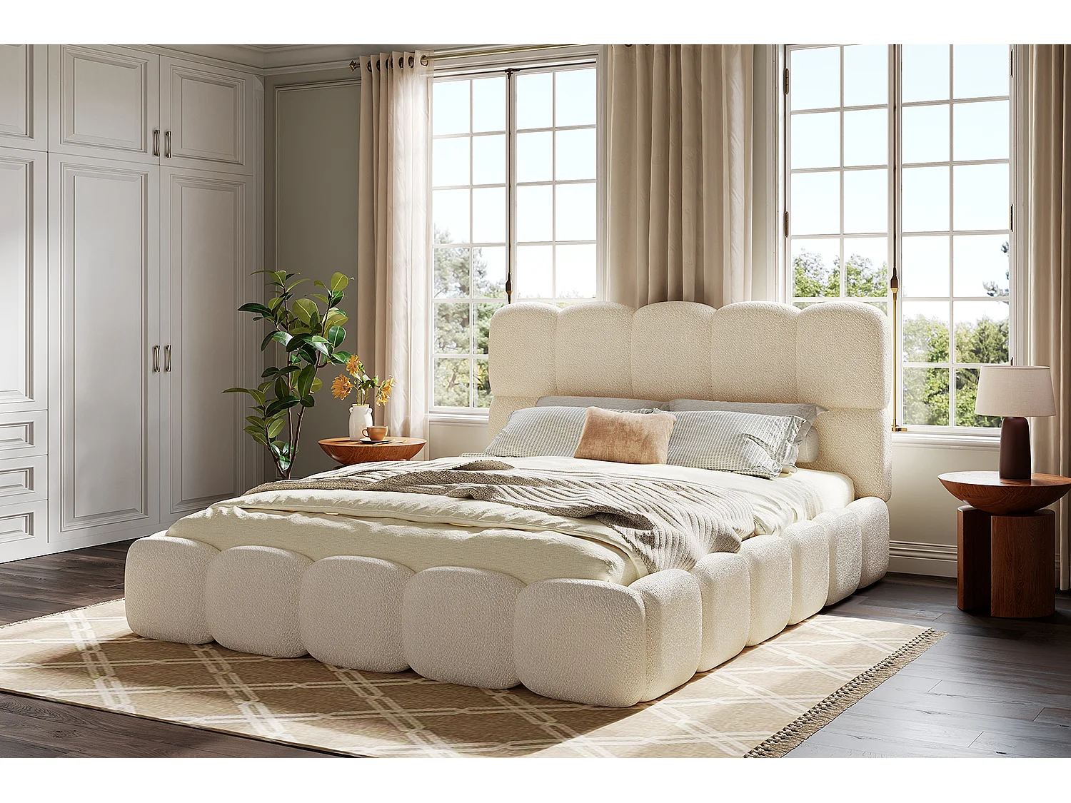 Gepolstertes Doppelbett – 160 x 200 cm – mit Lattenrost und Kopfteil – Schlaufenform – weiß