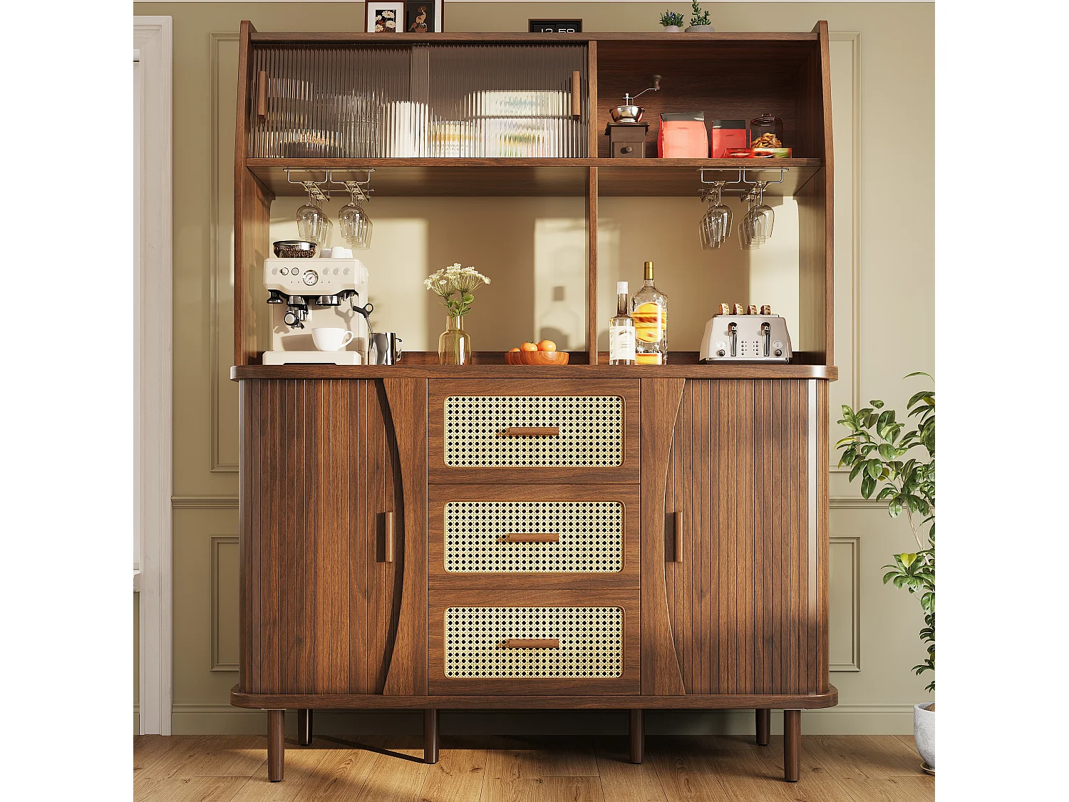 Buffet haut de cuisine aspect rotin - 140 x 40.5 x 174.5 cm - avec portes + étagères + tiroirs - MDF + métal - marron