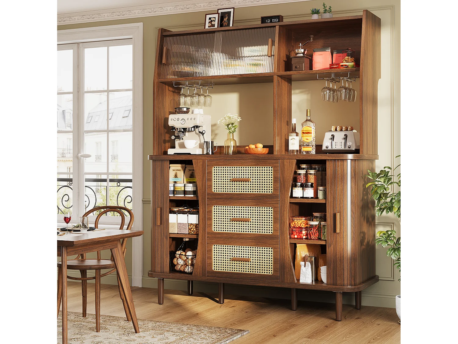 Buffet haut de cuisine aspect rotin - 140 x 40.5 x 174.5 cm - avec portes + étagères + tiroirs - MDF + métal - marron
