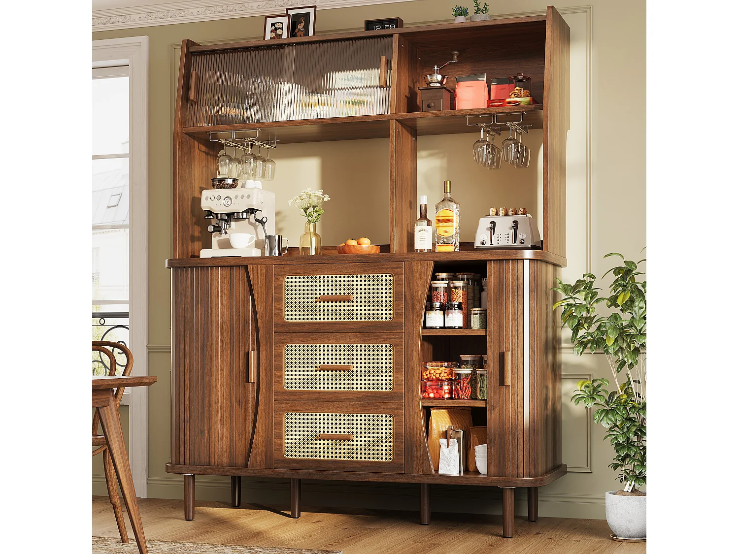 Buffet haut de cuisine aspect rotin - 140 x 40.5 x 174.5 cm - avec portes + étagères + tiroirs - MDF + métal - marron