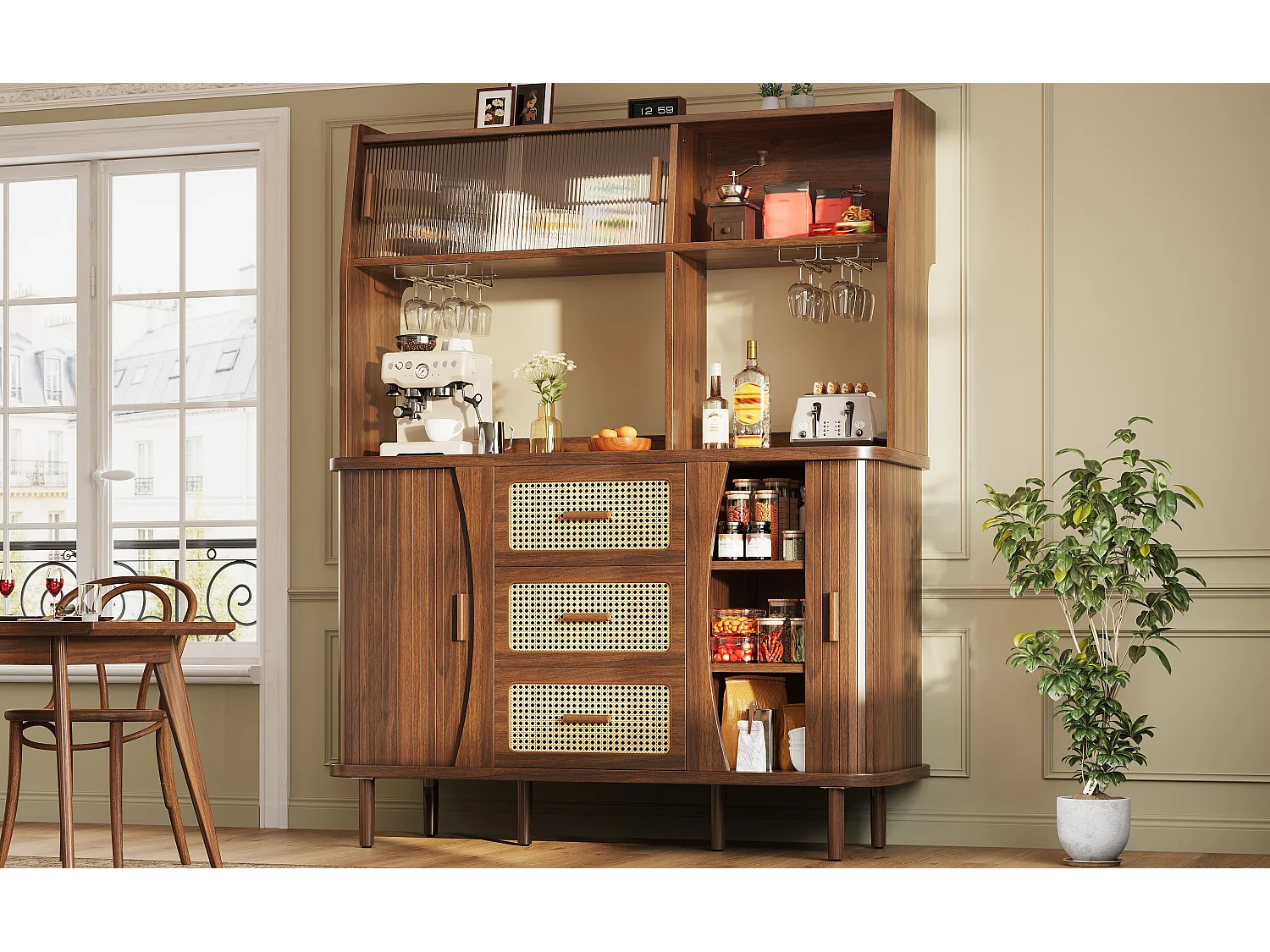 Buffet haut de cuisine aspect rotin - 140 x 40.5 x 174.5 cm - avec portes + étagères + tiroirs - MDF + métal - marron