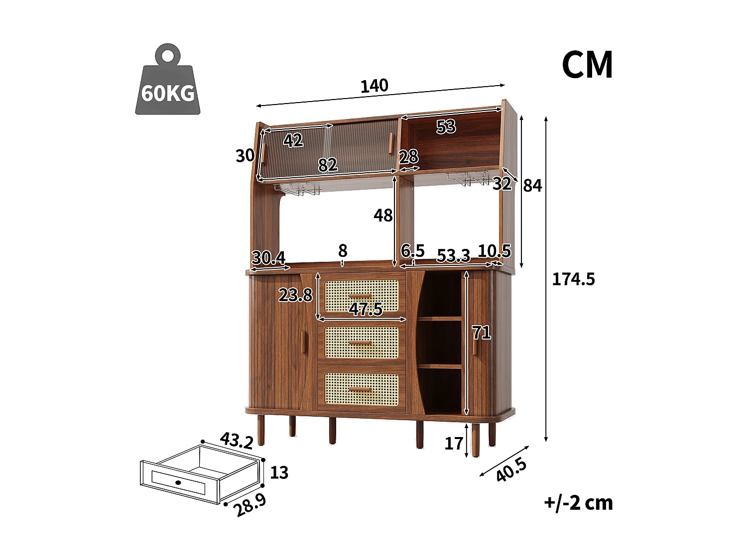 Buffet haut de cuisine aspect rotin - 140 x 40.5 x 174.5 cm - avec portes + étagères + tiroirs - MDF + métal - marron