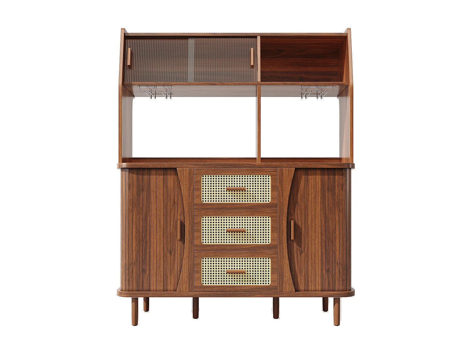 Buffet haut de cuisine aspect rotin - 140 x 40.5 x 174.5 cm - avec portes + étagères + tiroirs - MDF + métal - marron