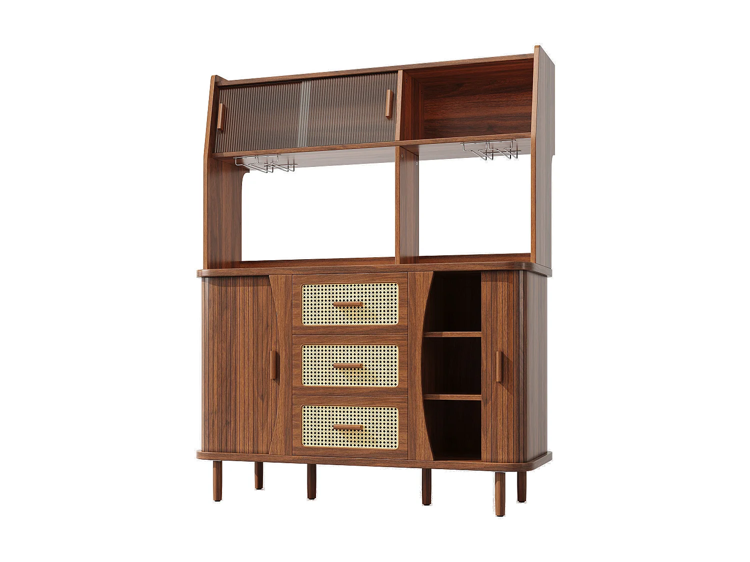 Buffet haut de cuisine aspect rotin - 140 x 40.5 x 174.5 cm - avec portes + étagères + tiroirs - MDF + métal - marron