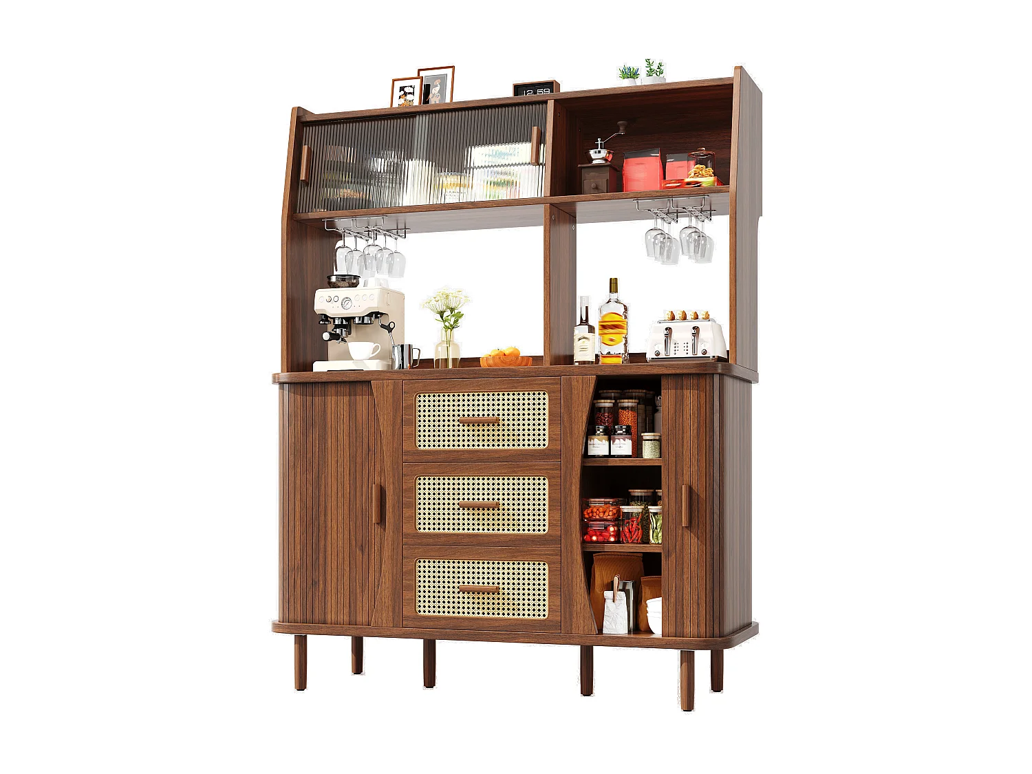 Buffet haut de cuisine aspect rotin - 140 x 40.5 x 174.5 cm - avec portes + étagères + tiroirs - MDF + métal - marron