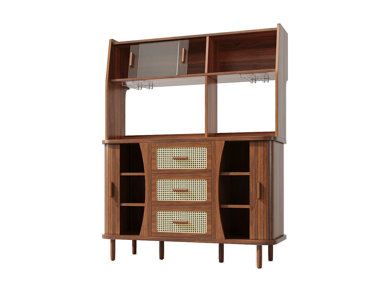 Buffet haut de cuisine aspect rotin - 140 x 40.5 x 174.5 cm - avec portes + étagères + tiroirs - MDF + métal - marron