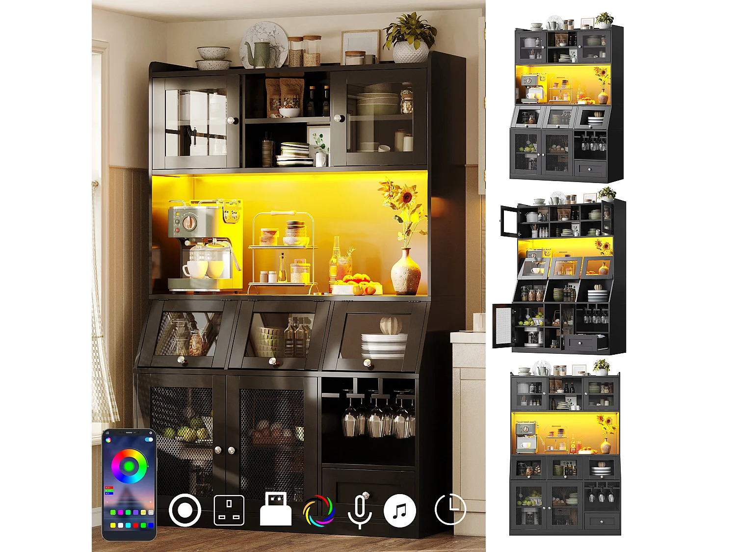 Buffet haut de cuisine - 120 x 40 x 181.7 cm - avec USB + Leds + portes + étagères - MDF - noir