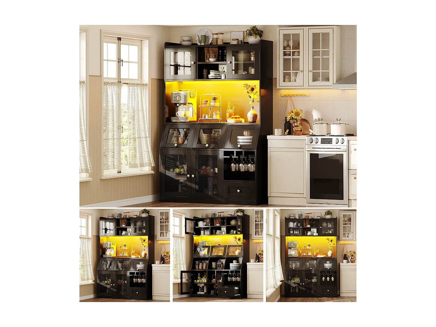 Buffet haut de cuisine - 120 x 40 x 181.7 cm - avec USB + Leds + portes + étagères - MDF - noir