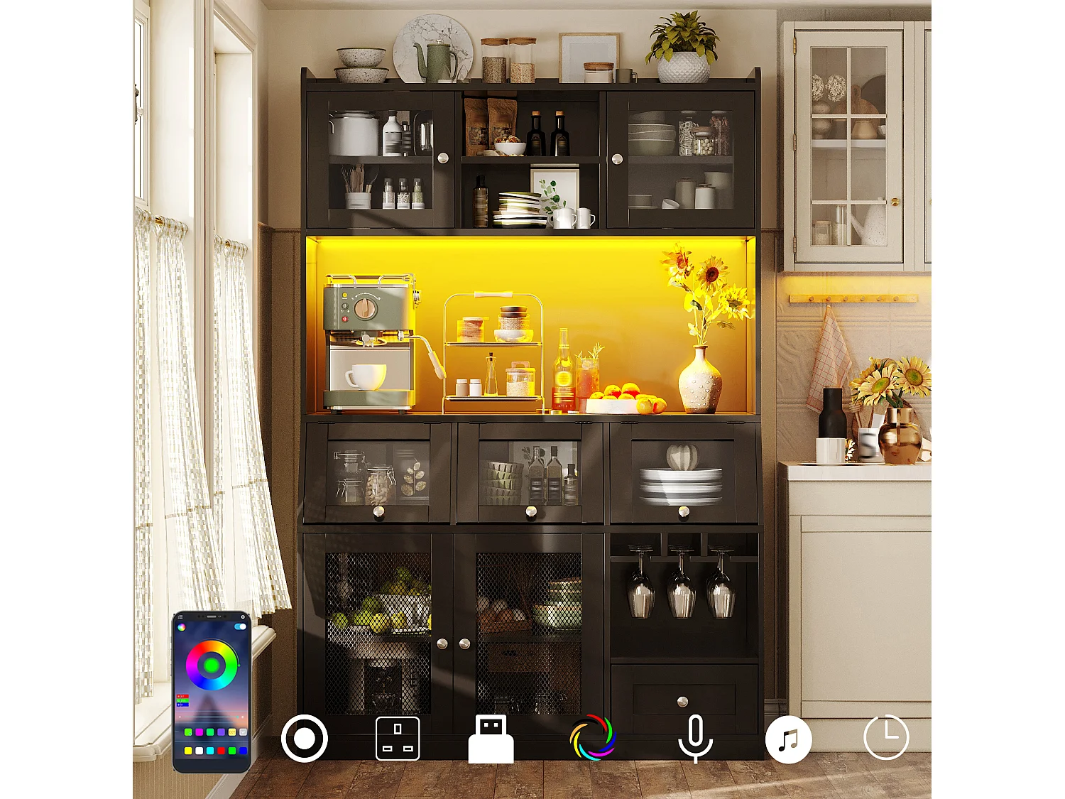 Buffet haut de cuisine - 120 x 40 x 181.7 cm - avec USB + Leds + portes + étagères - MDF - noir