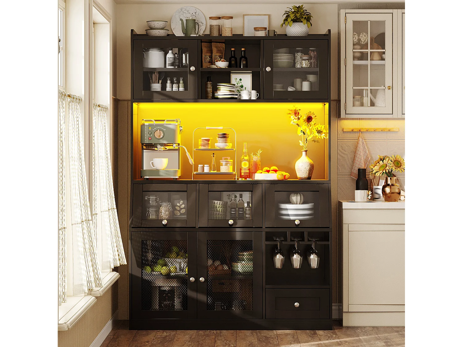 Buffet haut de cuisine - 120 x 40 x 181.7 cm - avec USB + Leds + portes + étagères - MDF - noir