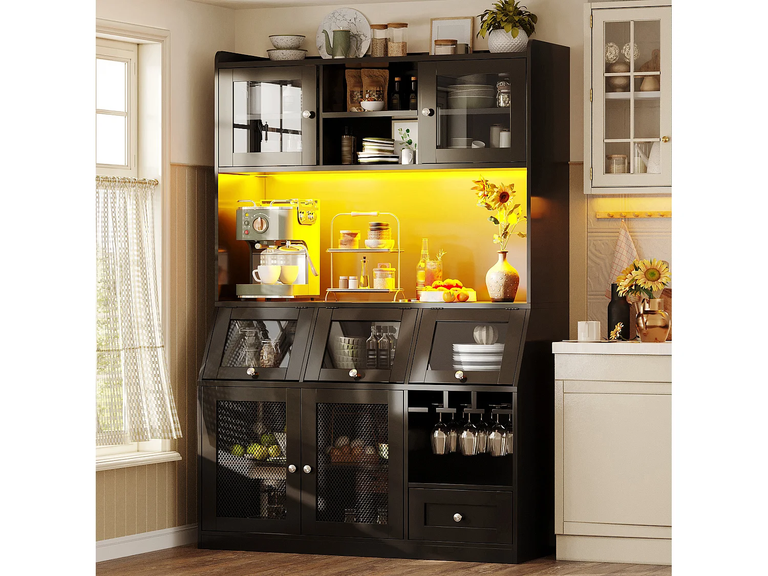 Buffet haut de cuisine - 120 x 40 x 181.7 cm - avec USB + Leds + portes + étagères - MDF - noir