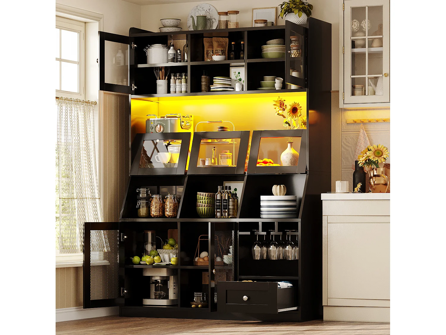 Buffet haut de cuisine - 120 x 40 x 181.7 cm - avec USB + Leds + portes + étagères - MDF - noir