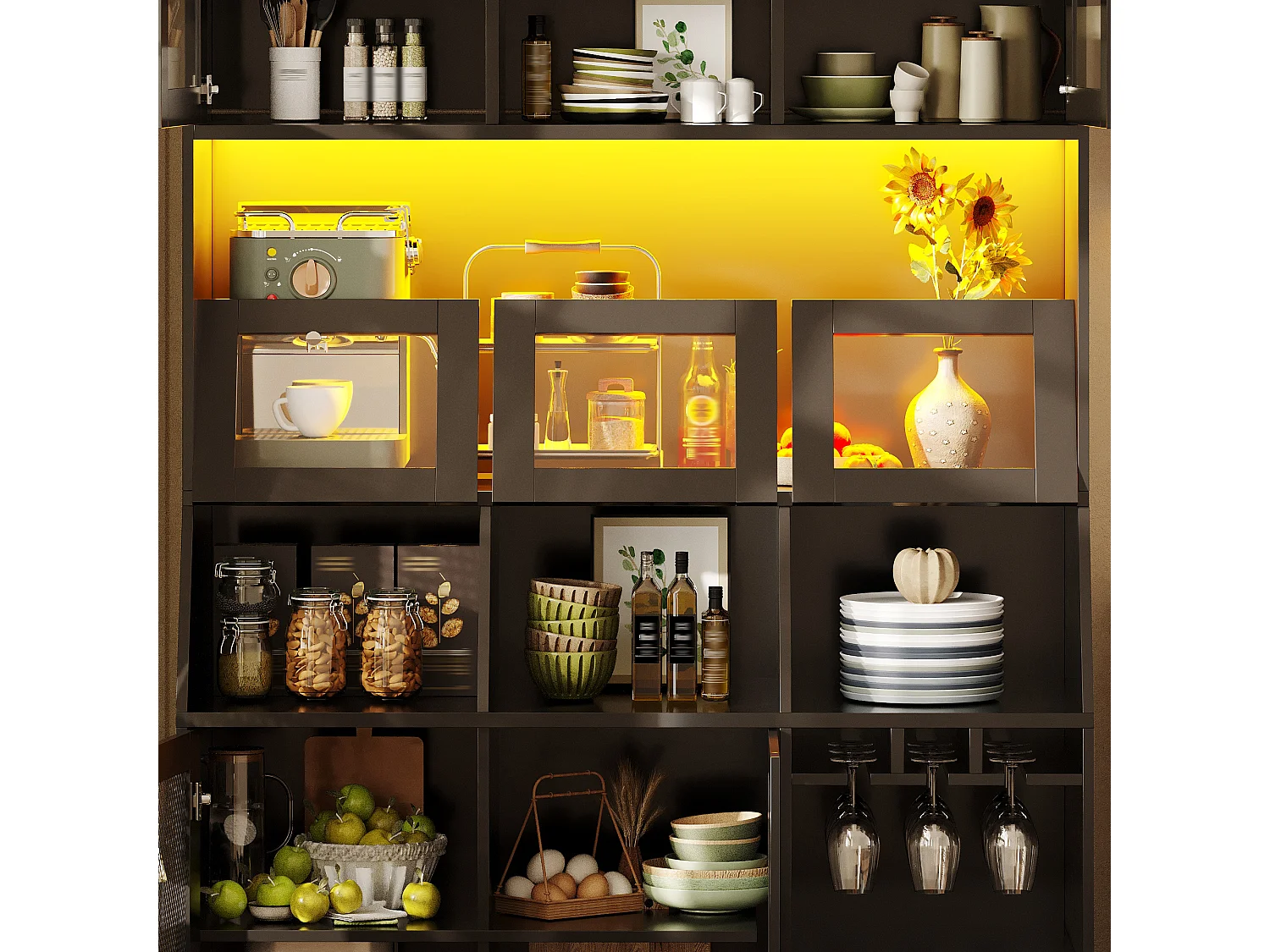 Buffet haut de cuisine - 120 x 40 x 181.7 cm - avec USB + Leds + portes + étagères - MDF - noir