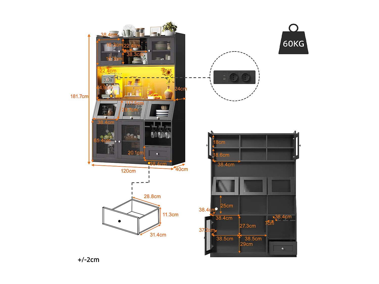Buffet haut de cuisine - 120 x 40 x 181.7 cm - avec USB + Leds + portes + étagères - MDF - noir